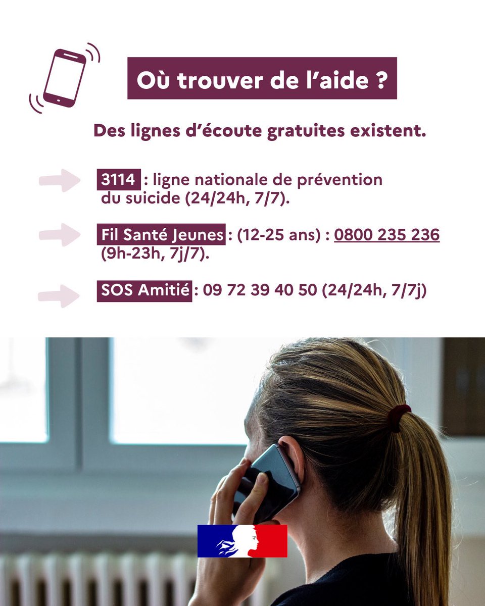 prefet59's tweet image. #Suicide 

𝐉𝐨𝐮𝐫𝐧𝐞́𝐞 𝐧𝐚𝐭𝐢𝐨𝐧𝐚𝐥𝐞 𝐝𝐞 𝐩𝐫𝐞́𝐯𝐞𝐧𝐭𝐢𝐨𝐧 

Dans les moments difficiles, parler peut tout changer. Des professionnels sont là pour vous écouter, vous soutenir et vous aider, à tout moment. 

Pour plus d’informations : sante.gouv.fr/actualites-pre…