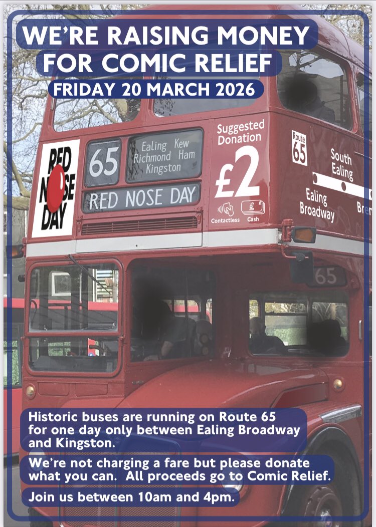 EdwardAdoo's tweet photo. Save the date. Friday 20th March. We’re raising money for Red Nose Day. Come and join us on the 65 Ealing Bdy - Kingston @comicrelief #london #vintage #bus #routemaster #rednoseday #comicrelief #londontransport https://t.co/3U2dYFed0E