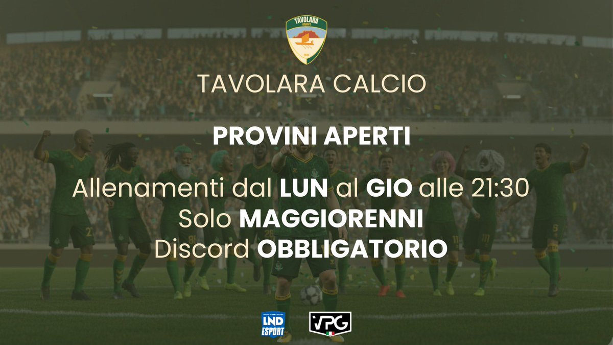 🟢 Tavolara Calcio 🟢

🔎 Proviniamo *STASERA*
🔞 Solo maggiorenni 
🏆 VPG D, LND Interr.
📋 Modulo attuale 352
🎧 Discord obbligatorio 
📩 Link provini in DM
<a href="/VPGItaly/">Virtual Pro Gaming Italy 🇮🇹</a> <a href="/OfficialVPG/">Virtual Pro Gaming</a> <a href="/HouseOfProClub/">H𝕠𝕦𝕤𝕖 𝕆𝕗 P𝕣𝕠C𝕝𝕦𝕓</a> <a href="/pctransfermarkt/">🇮🇹 PRO CLUBS TRANSFERMARKT🔍</a> <a href="/Mercato_FVPA/">Calciomercato Fvpa</a>