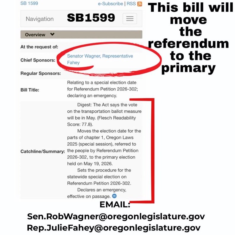 GretchenlbB's tweet photo. 🔥😡🔥OREGON: Democratic Senators are trying to subvert your will and move the No Gas Tax referendum to the May primary instead of November. May primary will have much lower turnout and Kotek won’t be on the ballot. SB 1599 had its first reading this morning. OREGONIANS need to email and call their Senators to say “ Hell, NO!”  Email for the top two Democrats at the bottom of the image👇.