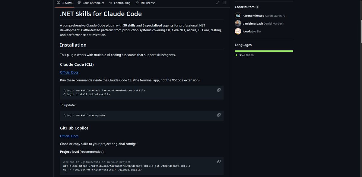 dotnet-skills 1.2.0 is now available. Made lots of fixes to things like concurrency patterns / async local functions / cancellation token management - all good practices.

Big feature though is that we now, in theory, should support CoPilot and VS Code directly! 👇