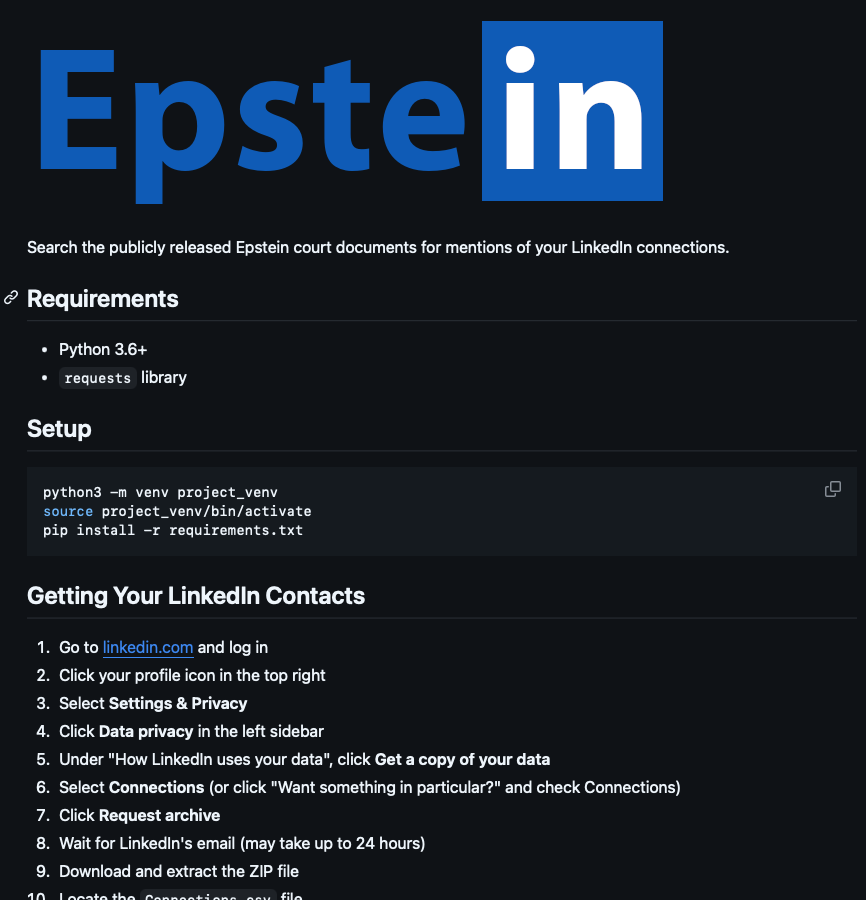 d0tslash's tweet image. LOLOL savage. "See which of your LinkedIn connections appear in the Epstein files." github.com/cfinke/EpsteIn