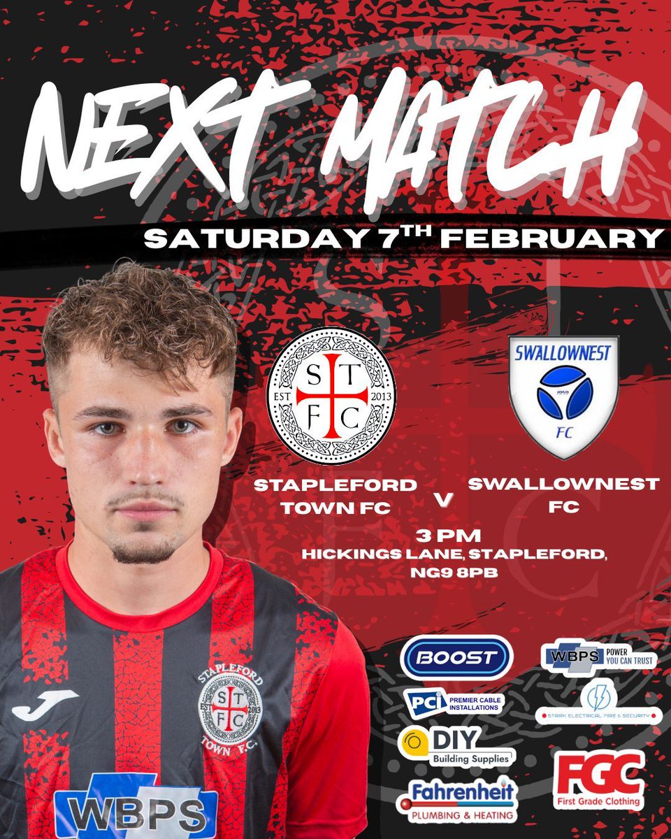 Stapleford Town FC take on Swallownest FC at Hickings Lane this Saturday. Make sure you're there! 💪 ⚽ 

🕢 Saturday 7th February, 3 PM KO
📍 Hickings Lane, NG9 8PB

🔴 ⚫ #UpTheStabbo 🔴 ⚫