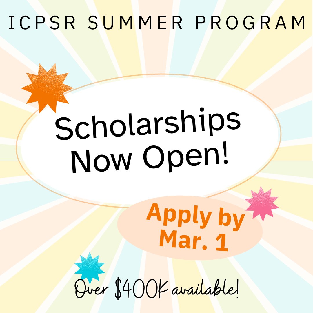ICPSRSummer's tweet photo. #DataScienceEducation #ResearchTraining
Scholarship applications the 2026 ICPSR Summer Program are now open! Over $400k in scholarships available! Apply by March 1. For more details: https://t.co/fHR2ScQDLZ

#SumProg26 #ICPSR #QuantitativeMethods #Scholarships #GraduateStudies https://t.co/slz9VzrYkQ