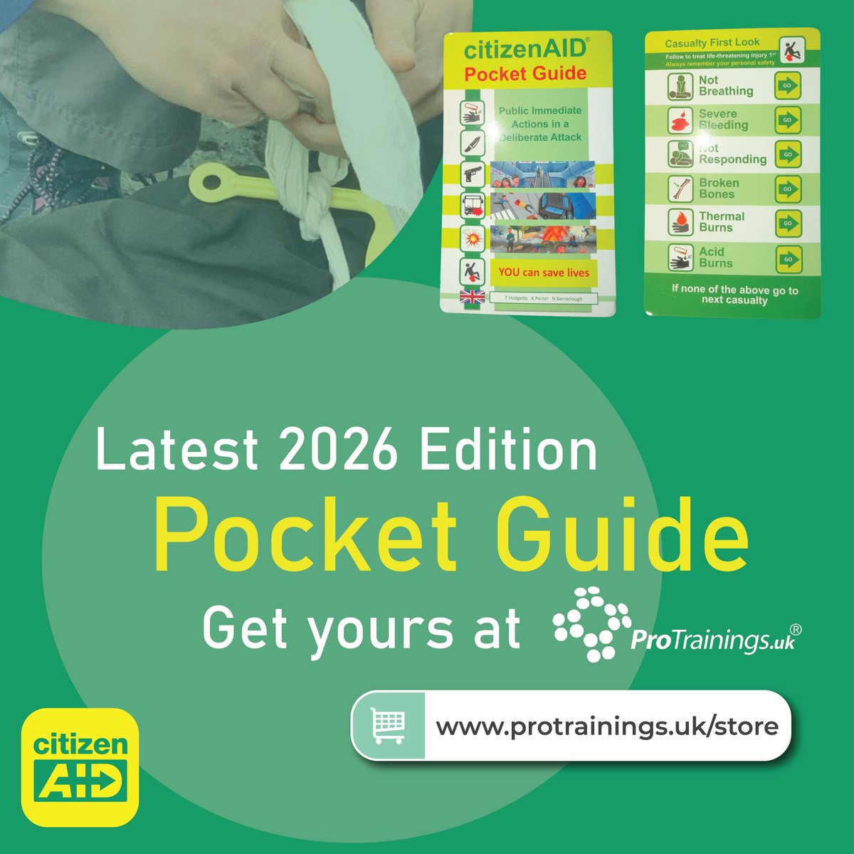 ProTrainingsUK's tweet photo. The updated CitizenAid Pocket Guide is now available from ProTrainings —Stay confident and ready to act when it matters most. 👉 https://t.co/4BYV7aRi6I

#CitizenAid #FirstAid #EmergencyResponse #ProTrainings #PocketGuide #StayPrepared #LifeSavingSkills #FirstAidGuidelines https://t.co/Q2Wu6Sga5Z