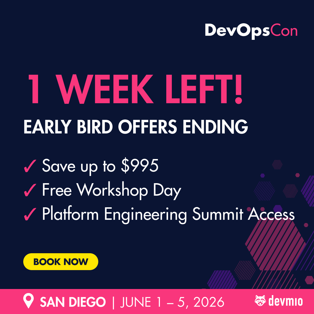 devops_con's tweet photo. ⏳ Early Bird Ends Feb 12!

Get the most from DevOpsCon at San Diego Week:

✅ Save up to $995
✅ Free Workshop Day
✅ Access to Platform Engineering Summit

👉 Register now: https://t.co/r6sVV3pLjw

#DevOpsCon #DevOps #PlatformEngineering #TechConference #EarlyBird #Cloud https://t.co/le52odBqJa