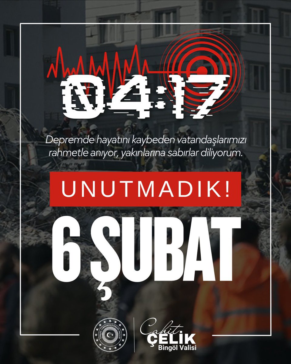 bingolvaliligi's tweet photo. Unutmadık, unutmayacağız…

6 Şubat 2023 Kahramanmaraş depremlerinin 3. yıldönümünde hayatını kaybeden vatandaşlarımızı rahmetle anıyor, yakınlarına bir kez daha başsağlığı ve sabır diliyorum.

Asrın felaketinden asrın dayanışmasına yürüyen aziz milletimize şükranlarımı sunuyorum.

İlimizin depremselliği bilinciyle, hazırlık ve tedbir çalışmalarımızı kararlılıkla sürdürüyoruz.

Allah, milletimize ve ülkemize bir daha böyle acılar yaşatmasın.

Cahit Çelik
Bingöl Valisi

@celikcahit 
#BingölValiliği