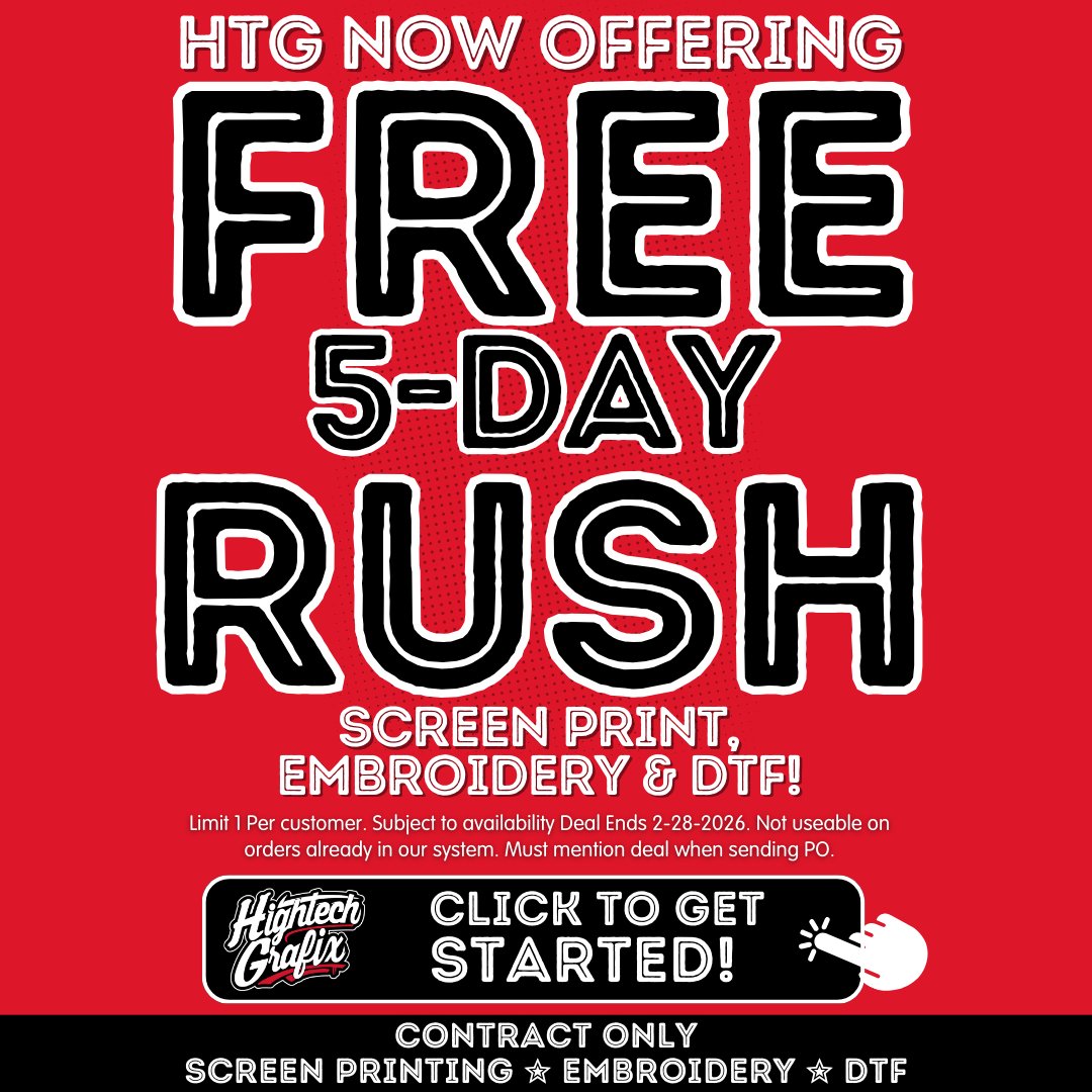 HightechGrafix's tweet photo. Big news. We’re now offering FREE 5 day rush on screen print, embroidery, and DTF ⚡️ Same quality, same reliability, just faster turnaround when deadlines get tight. Let’s keep your orders moving 👕✨

https://t.co/UVYyQUddLl https://t.co/EarrXoVRvx