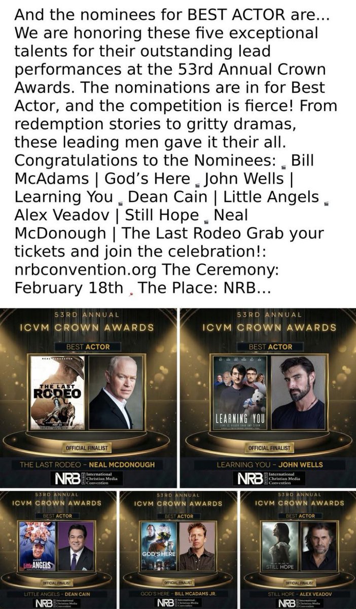 tonichiulli's tweet image. Congratulations @RealDeanCain on being nominated BEST ACTOR in “Little Angels”!!👏🏻👏🏻👏🏻

Best of luck for the win!!!🏆

The 53rd Annual Crown Awards.
nrbconvention.org
The Ceremony: February 18th
Nashville, TN
#ICVM #CrownAwards #FaithFilms