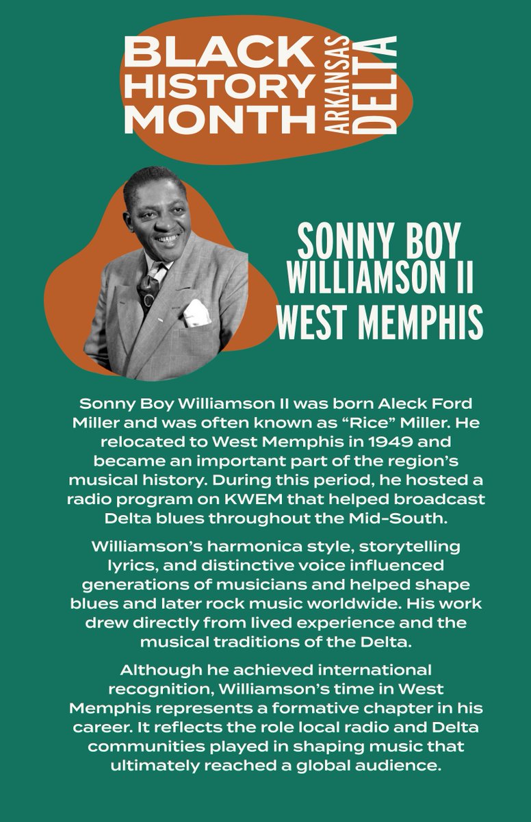 Throughout February, I’ll be sharing stories of Black Arkansans whose lives and work helped shape our communities, our culture, and our state. These figures have deep roots in the Arkansas Delta and deserve to be remembered.

First up... music legend Sonny Boy Williamson II! KMI