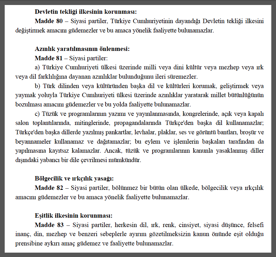 Siyasi Partiler Kanunu'nun 80, 81, 82, 83. maddelerini  çiğneyen partiler kapatılmalıdır.