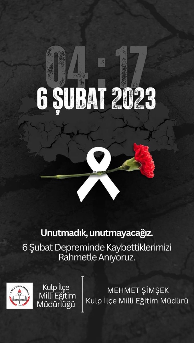 6 Şubat 2023 tarihinde meydana gelen ve milletimizi derinden sarsan depremlerde hayatını kaybeden vatandaşlarımızı rahmetle anıyor, yakınlarına bir kez daha sabır ve başsağlığı diliyoruz.
<a href="/hhemm21/">MEHMET (ZÂHİD) ŞİMŞEK</a> <a href="/TC_Kulp/">Kulp Kaymakamlığı</a> <a href="/Diyarbakirmem/">Diyarbakır İl Millî Eğitim Müdürlüğü</a> <a href="/dbakirvalilik/">T.C. Diyarbakır Valiliği</a> <a href="/sadoglu_salih/">Salih Sadoğlu</a> <a href="/vali_zorluoglu/">Murat Zorluoğlu</a>