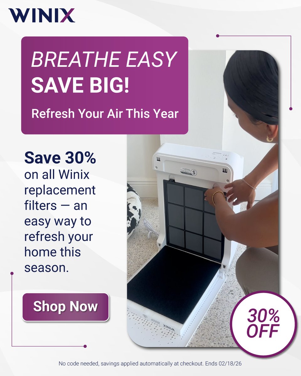 Breathe better for less this winter! 🌨️ ✨

Save 30% on Winix replacement filters and score deals on refurbished C545 &amp; C610 air purifiers—plus savings on humidifiers. Perfectly balanced indoor air all winter. Deals end 2/18. 

🛒 winixamerica.com 

#BreatheBetter #AirCare