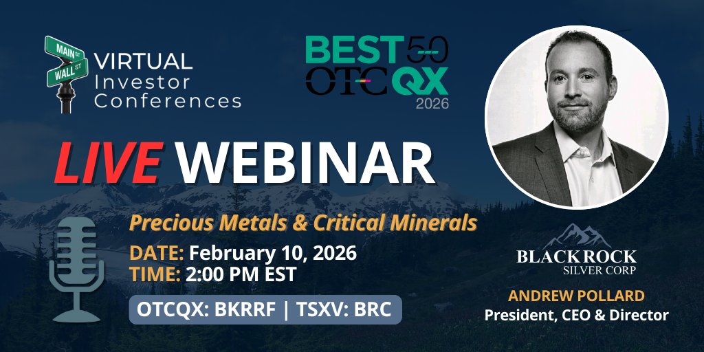 ⏳ 1 day to go!

Blackrock Silver Corp. will present at the Precious Metals &amp; Critical Minerals Virtual Investor Conference with a live 30-minute webcast covering its Nevada gold &amp; silver portfolio.

🗓 Feb 10
⏰ 2:00 PM EST
🔗 Register now:
👉 virtualinvestorconferences.com/wcc/eh/4814904…

#Gold