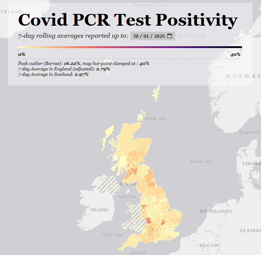 skeuomorphology's tweet photo. The PCR positivity map is out, and there has been very little change since last week.

National positivity for England is at 2.79%, and at 2.97% for Scotland.

The areas of elevated positivity remain mostly the same.

https://t.co/1phcyp7jth

1/7 https://t.co/YDob3BYyHu