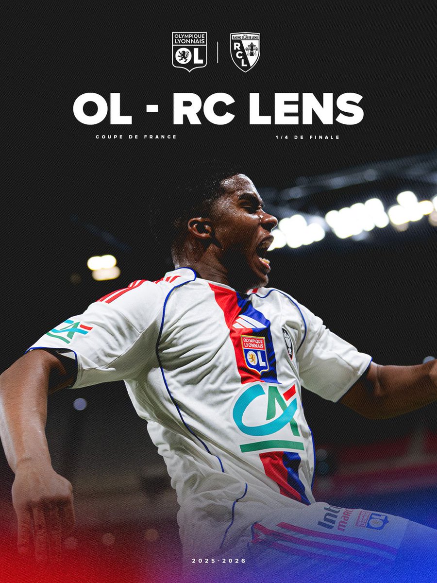 OL's tweet image. Nous recevrons Lens en 1/4 de finale de @coupedefranceCA 🔴🔵
