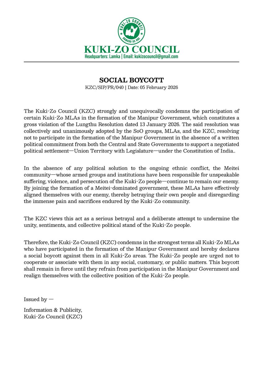 The Kuki-Zo Council declared a social boycott of all the Kuki-Zo MLAs ho who participated in forming the popular Government in Manipur
<a href="/HMOIndia/">गृहमंत्री कार्यालय, HMO India</a> <a href="/PMOIndia/">PMO India</a>
<a href="/PTI_News/">Press Trust of India</a> <a href="/ANI/">ANI</a> <a href="/MIB_India/">Ministry of Information and Broadcasting</a> <a href="/IndiaTodayNE/">India Today NE</a> <a href="/the_hindu/">The Hindu</a> <a href="/ttindia/">The Telegraph</a> <a href="/thewire_in/">The Wire</a> <a href="/ThePrintIndia/">ThePrintIndia</a> <a href="/BJP4India/">BJP</a> <a href="/yaqutali/">Yaqut Ali</a> <a href="/NELiveTV/">Northeast Live</a>