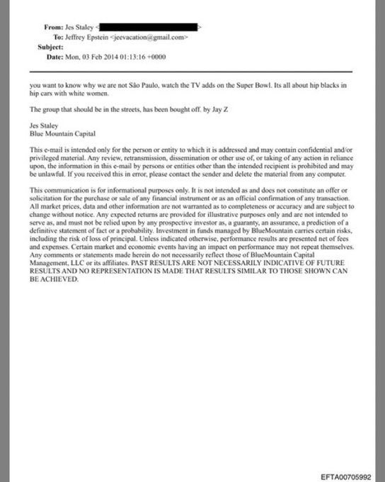 An email from Jes Staley to Jeffrey Epstein is circulating, claiming that Jay-Z actively participated in keeping the Black community down during the height of Colin Kaepernick’s movement.