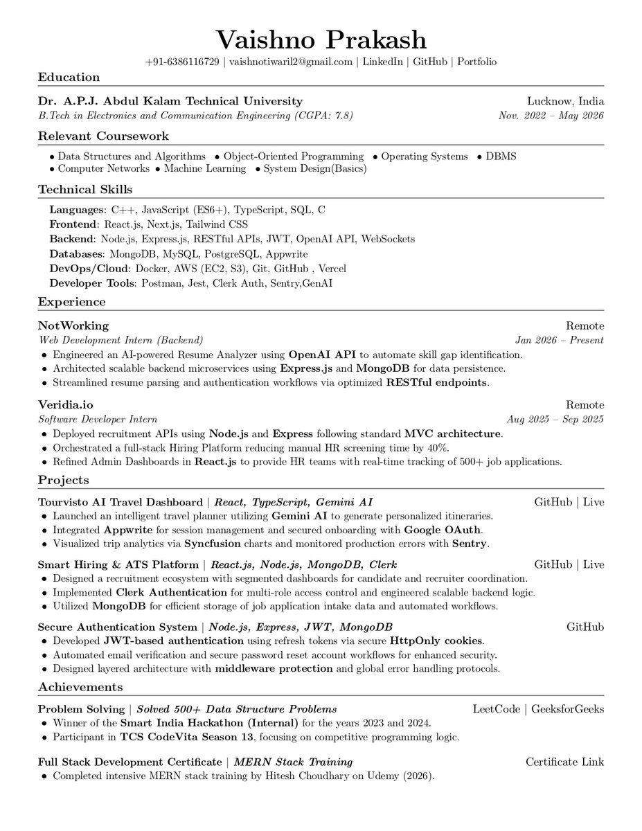 VaishnoSatyam's tweet photo. Final year.
No shortlisting.
Even for 3 LPA roles.
That silence hurts more than rejection.
We keep going.
can anyone tell where is actual mistake ?
#JobHunt #FinalYearFeels #Resume #opentowork #Tech #fullstack #SoftwareDevelopment https://t.co/Qv4sLuQGXs