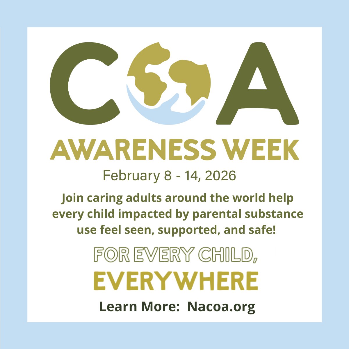 #COAAwarenessWeek2026 is next week. Visit our website, review the social media kit, and participate in the 2026 COA Week Speaker Series. Join #caringadults committed to reminding every child everywhere that they are not alone! #EveryChildEverywhere nacoa.org/coa-awareness-…