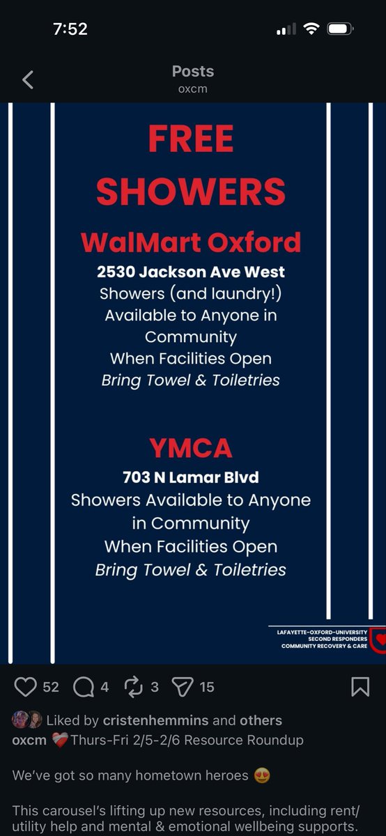 OxfordMSTownie's tweet photo. Here are some sites for free meals as well as showers. Samaritan’s purse is doing cleanup as well. 

Follow @OXCM on Instagram for up to date details. 

Betsy Chapman is doing an incredible job getting information out and organizing volunteers and resources.

There are so many groups doing this for free, simply because they care about helping others.