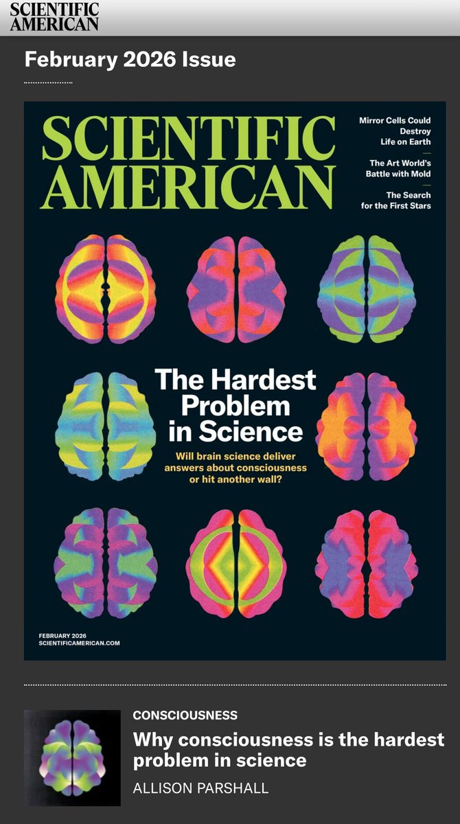 Cover story | Why consciousness is the hardest problem in science | <a href="/sciam/">Scientific American</a> | a great read 

scientificamerican.com/article/what-i…

<a href="/suzannegildert/">Suzanne Gildert</a>