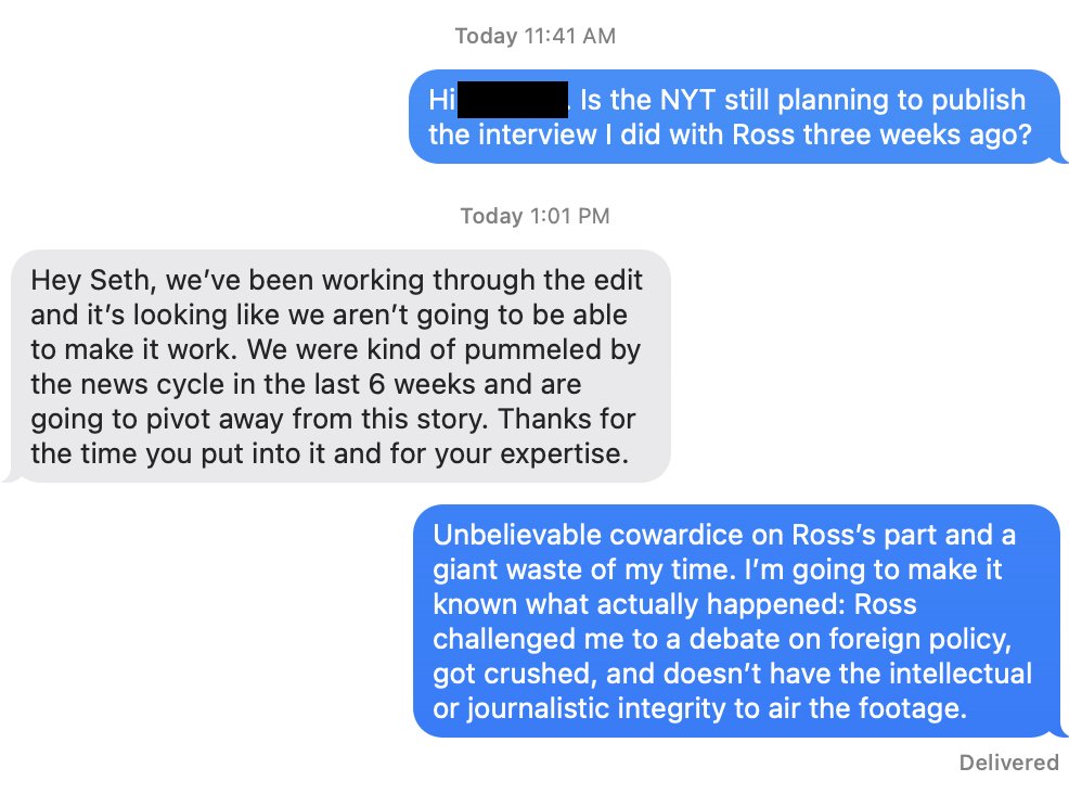 Ross Douthat <a href="/DouthatNYT/">Ross Douthat</a> challenged me to a debate on foreign policy. We recorded a 90-minute segment for his show, Interesting Times, on 1/15/26. But I defeated him so decisively that he refuses to air the footage. What an absolute coward.