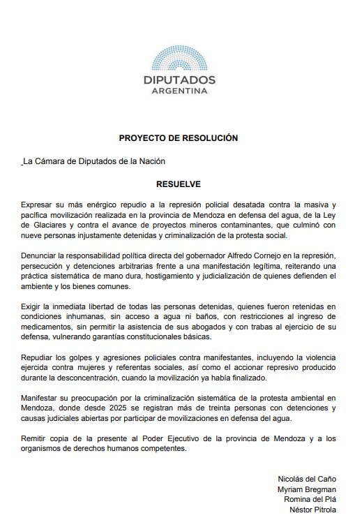 NicolasdelCano's tweet image. Desde el @Fte_Izquierda presentamos un proyecto de repudio a la represión, persecución y detención de manifestantes que defienden el agua y rechazan la megaminería. 
Libertad inmediata a todos los detenidos.