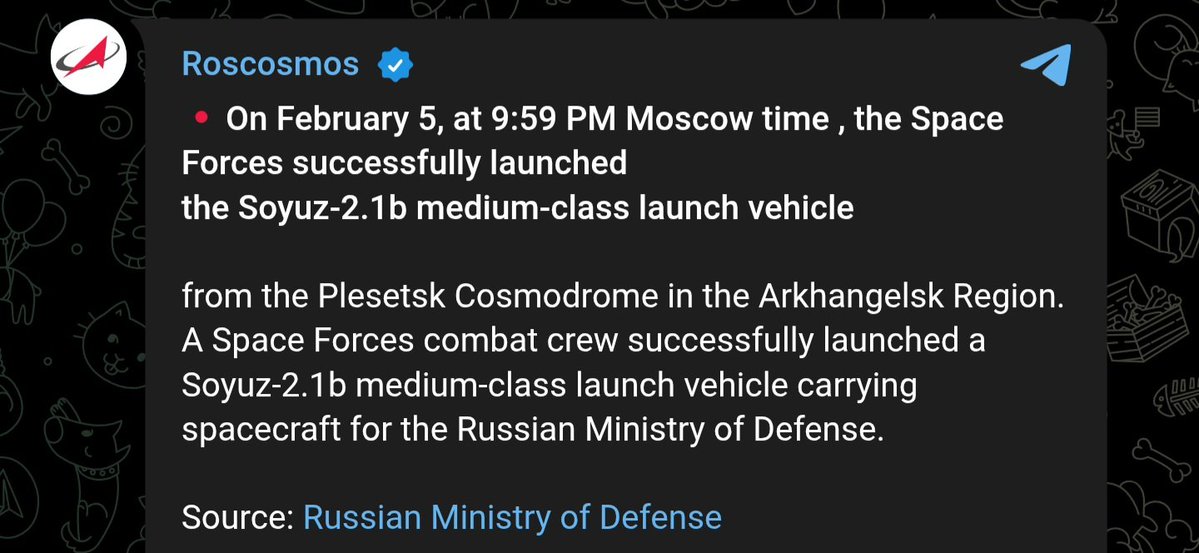robert_savitsky's tweet image. Ministry of Defense reports a successful launch of Soyuz-2.1b launch vehicle from the Plesetsk cosmodrome today at 21:59 Moscow Time (18:59 UTC), carrying spacecrafts in interests of the Ministry of Defense.