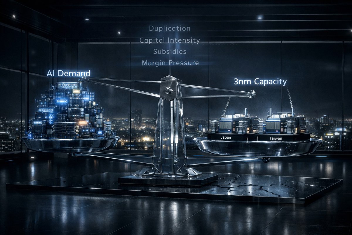NKDAdvisory's tweet photo. TSMC moving 3nm production to Japan isn’t an AI “boom” story.

It’s a capital strain story.

When frontier demand becomes non-negotiable:
* Capex rises
* Subsidies fill gaps
* Margins compress
* Risk shifts to producers

AI doesn’t reward everyone — structure decides. https://t.co/ZynCTWifPl