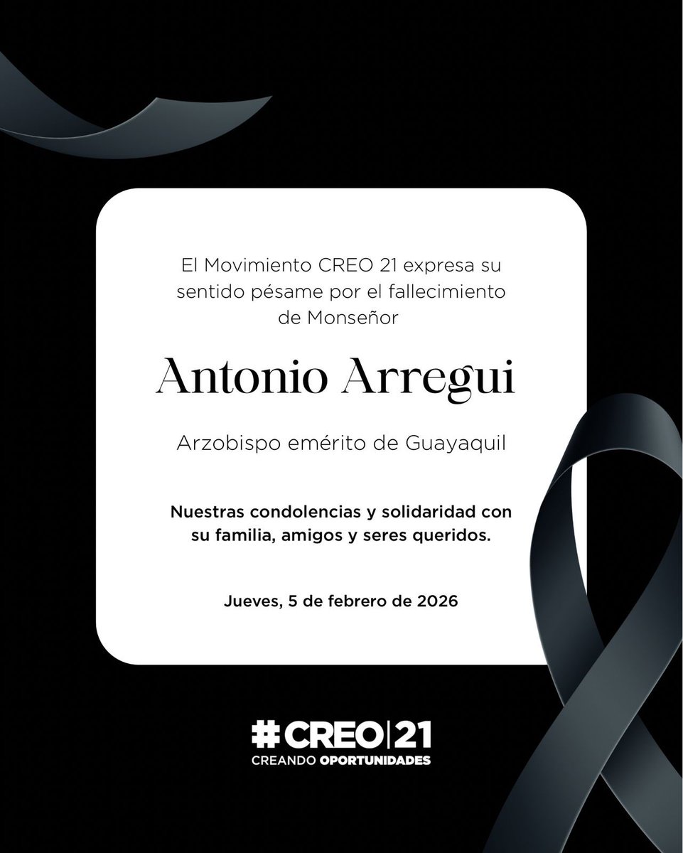 Lamentamos profundamente el fallecimiento de Monseñor Antonio Arregui, arzobispo emérito de Guayaquil.

Expresamos nuestras más sentidas condolencias a sus familiares, amigos y a toda la comunidad católica.
🕊️ Que descanse en paz.