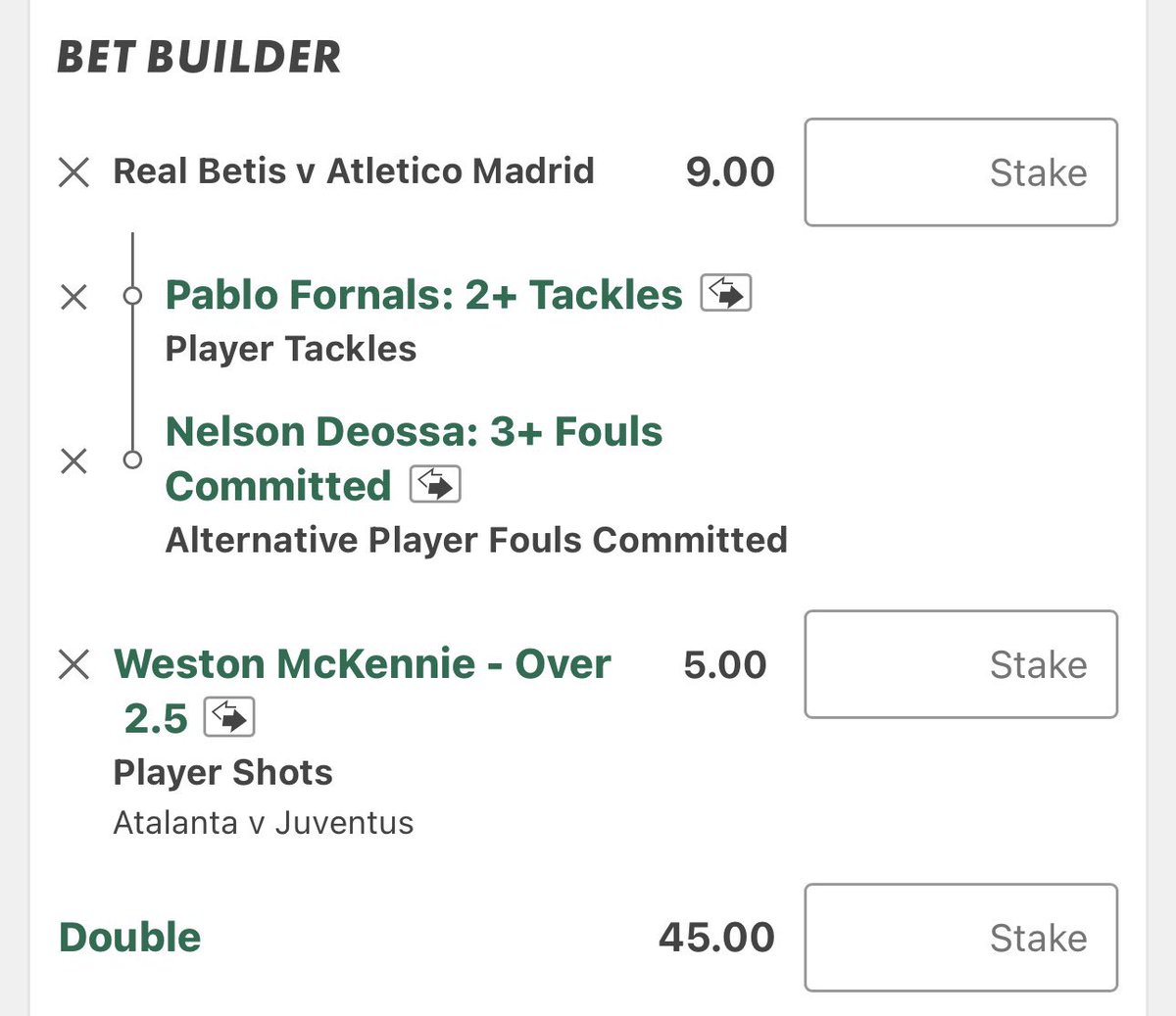 BetBaker_'s tweet photo. 🇪🇸 x 🇮🇹 - 💰2u - 365 - 1.25,0.5,0.25

Fornals: 1+ 16/20  2+ 6/20 Last Game against
Atletico he managed 3 Tackles. 
Deossa: 1+ 19/20 2+ 9/20 Avg 1.75p90 

Mckennie: 1+ 18/20 (wSS) 2+ 8/20 https://t.co/hAgiqazBRB