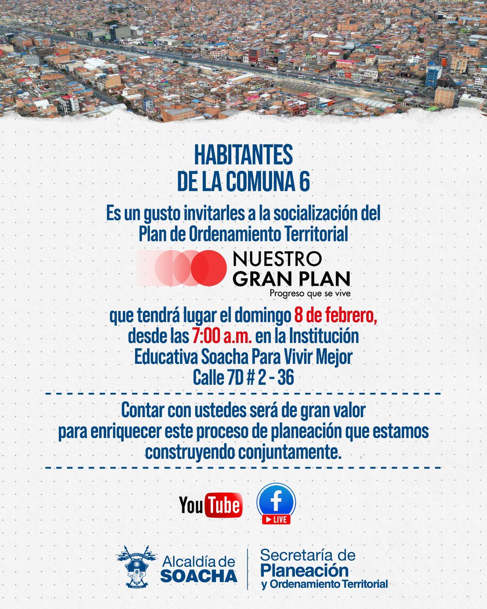 Alcaldia_Soacha's tweet photo. Habitantes de la Comuna 6

Súmate a la socialización del Plan de Ordenamiento Territorial. #NuestroGranPlan y participa en el desarrollo de nuestra ciudad.

📅 Domingo 8 de febrero
⏰ 7:00 a. m.
📍 I.E. Soacha Para Vivir Mejor

#Soacha #POT #ParticipaciónCiudadana https://t.co/PZ8M4NVdtS