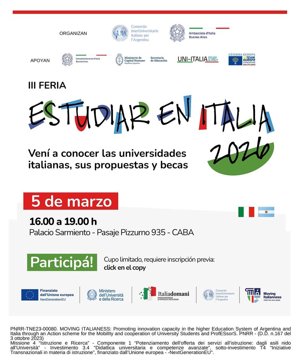 ¿Querés estudiar en Italia❓
👉Vuelve la feria "Estudiar en Italia” 🇮🇹. En su 3ra edición, cuenta con la presencia de 20 universidades italianas.
❗ Cupos limitados e inscripción previa requerida.
📅 Jueves 05/03
📍Palacio Sarmiento - Pje. Pizzurno 935, CABA
🕓 de 16 a 19h
✍️