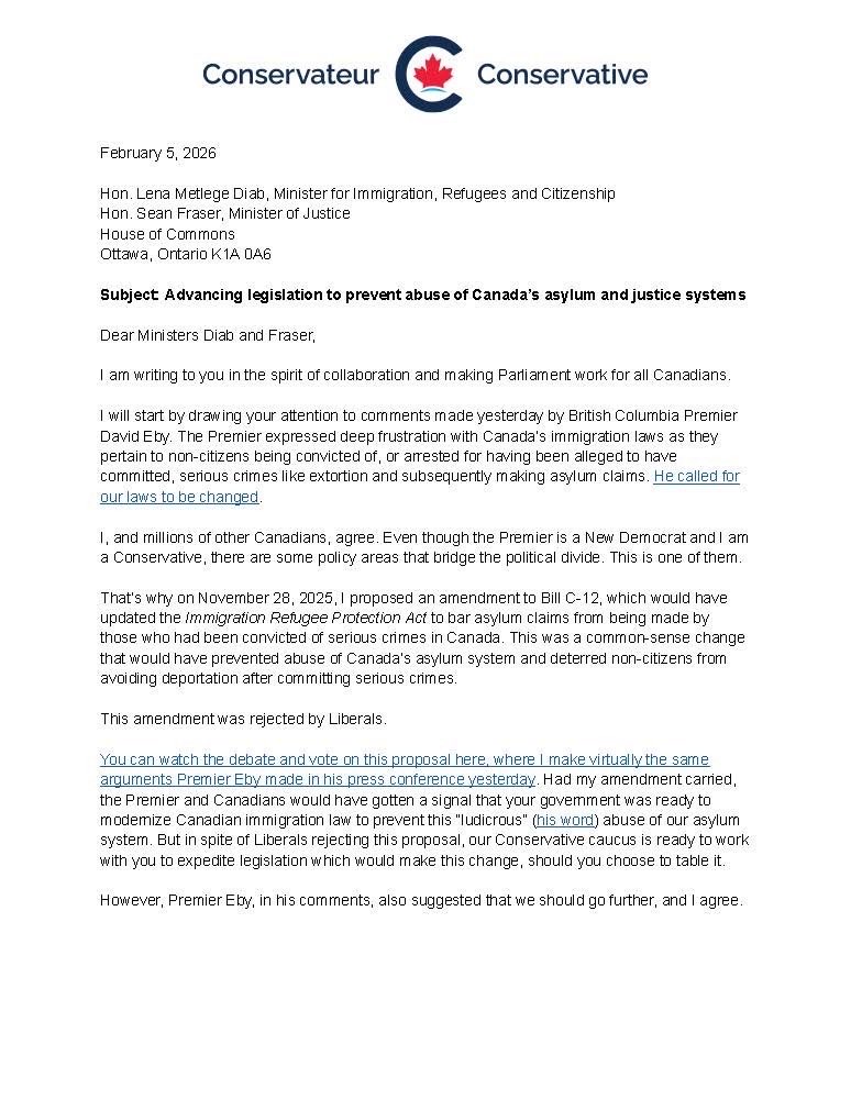 MichelleRempel's tweet image. I agree with Premier Eby. The Libs should change the laws to bar non-citizens convicted of serious crimes and with judicial proceedings related to serious crimes, from making refugee claims.

The Libs voted against our proposal to do this.

Let's work together and fix this.