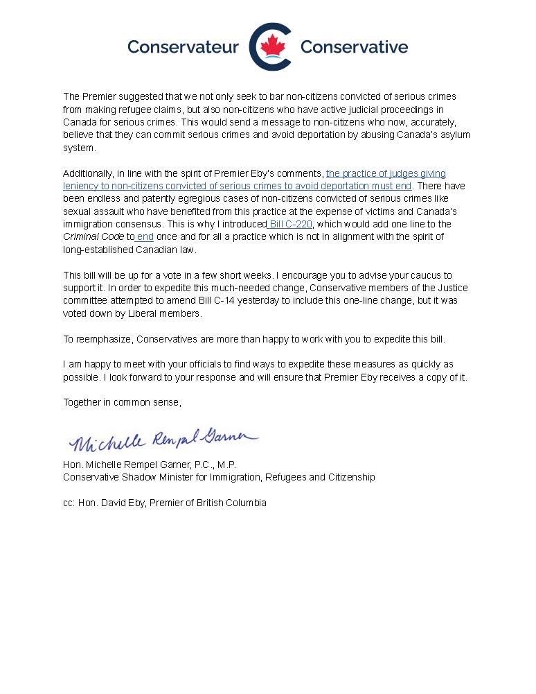 MichelleRempel's tweet image. I agree with Premier Eby. The Libs should change the laws to bar non-citizens convicted of serious crimes and with judicial proceedings related to serious crimes, from making refugee claims.

The Libs voted against our proposal to do this.

Let's work together and fix this.