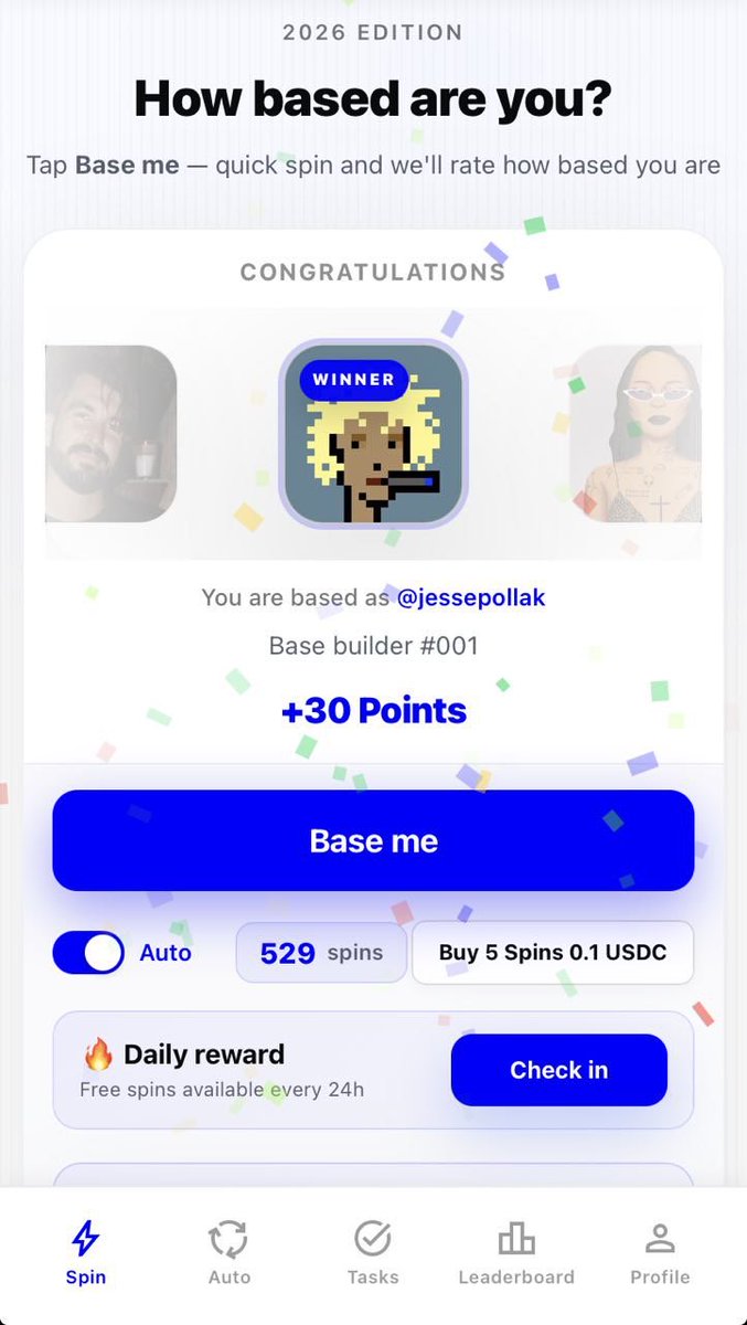 30 Giveaway for Base Me users! 🎁

How to enter:

1. Run the spinner in the next 24h 🔥
2. Land on Jesse 🎯
3. Drop a screenshot in the comments below 👇

Rules: 

- Fresh spins only
- No Photoshop
- Your Base App avatar should be visible 

⚠️ We will select one winner randomly