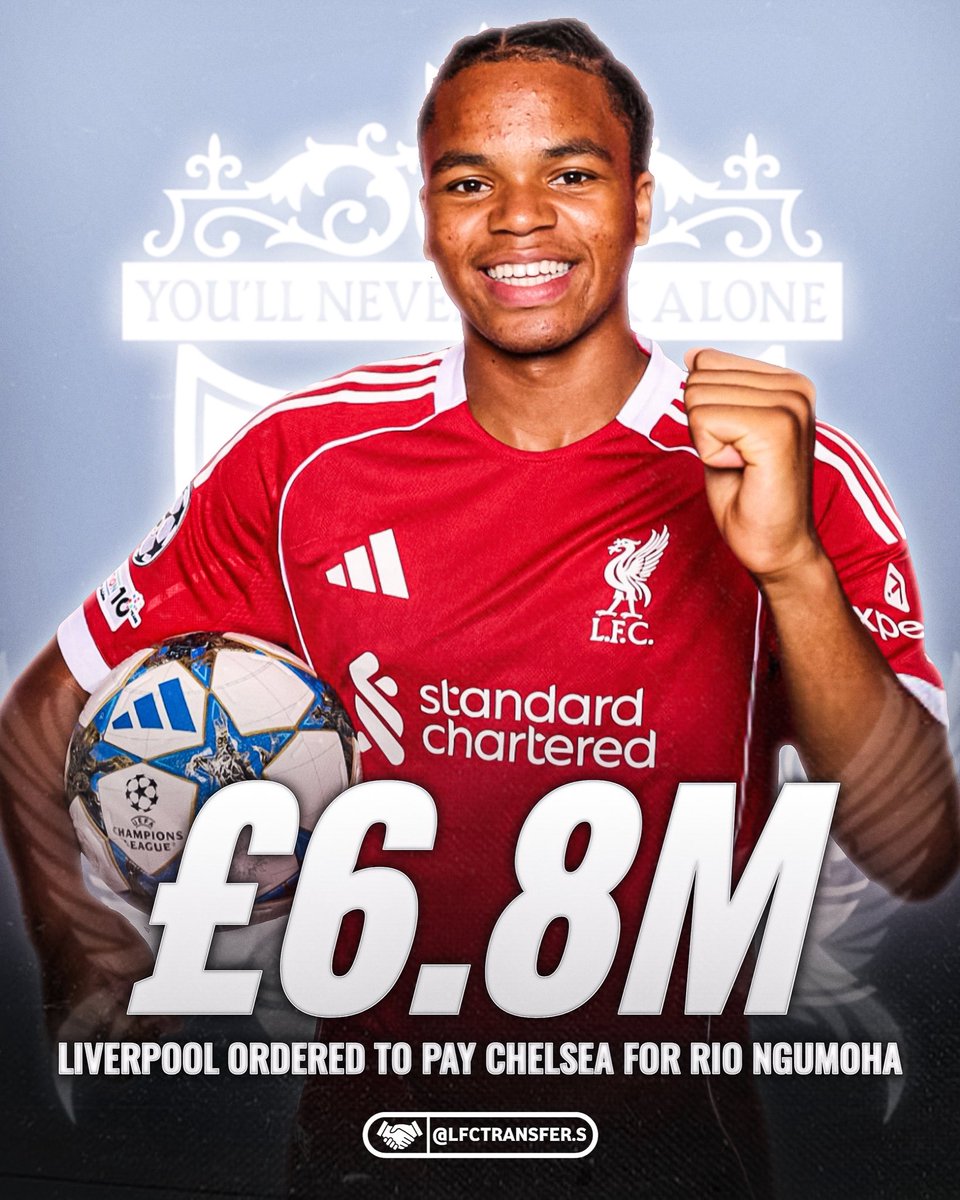 🚨‼️𝗕𝗥𝗘𝗔𝗞𝗜𝗡𝗚: Liverpool to pay £6.8m package to Chelsea for Rio Ngumoha! 😳💸🏴󠁧󠁢󠁥󠁮󠁧󠁿

↪️ Tribunal rules LFC owe Chelsea initial £2.8m + £4m in potential bonuses relating to senior appearances, contracts &amp; England honours. Also 20% of profit on future sale. [David Ornstein🏅]