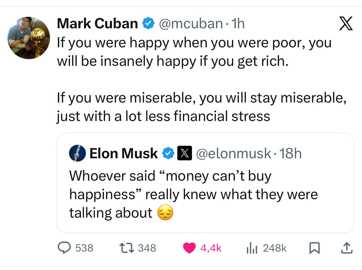 Un Billonario le da clases de felicidad a otro Billonario 🫡

Ya antes Mark Cuban había dicho que para ser feliz siendo millonario haz tenido que ser feliz siendo pobre. Sinceramente creo que tiene todo el sentido.

Por otro lado, ya Walter Isaacson quien pasó dos años pegado a