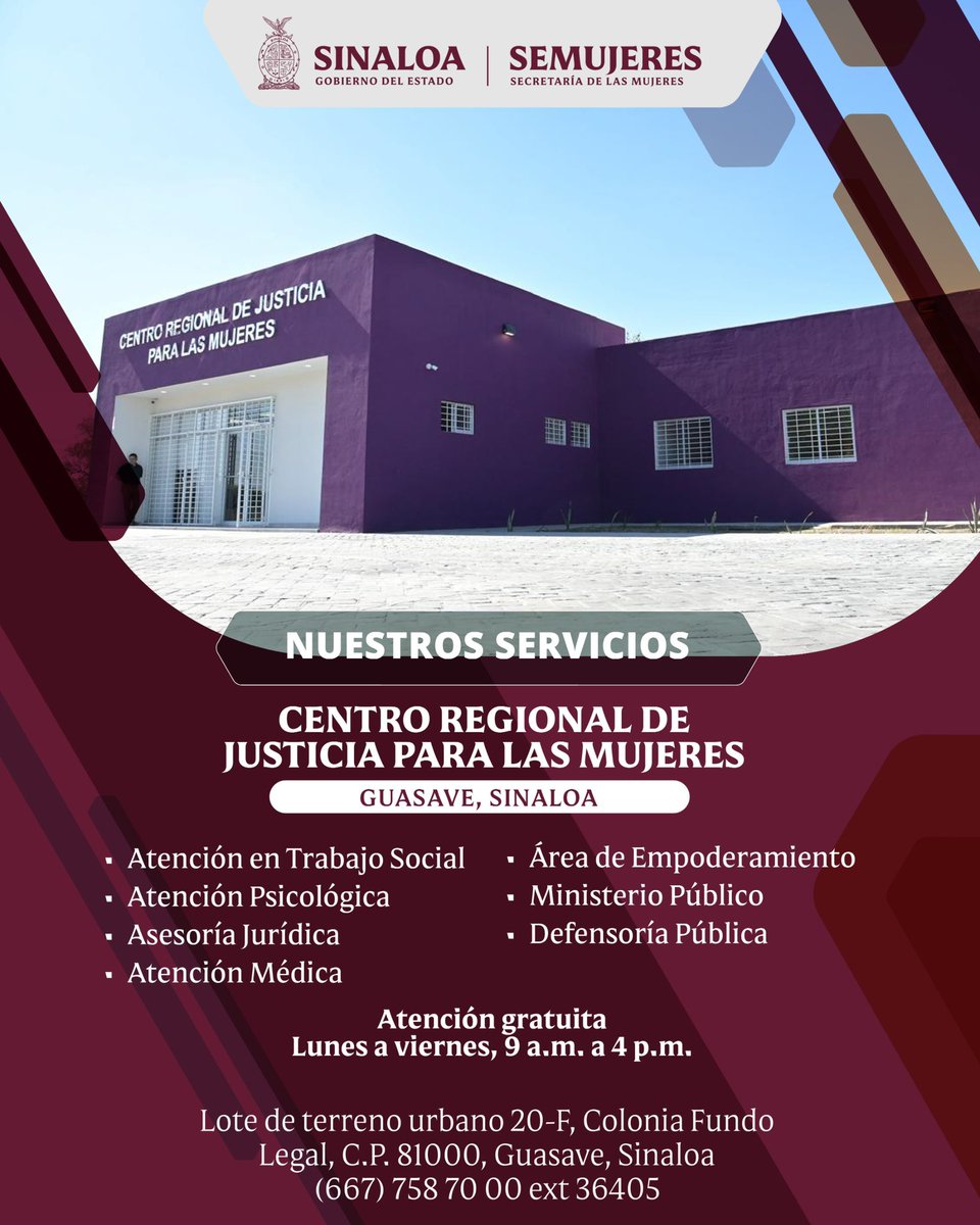 🟣🟠 ¿Sabías que en los Centros de Justicia para las Mujeres de Sinaloa puedes recibir atención integral, confidencial y gratuita en un solo lugar?✨

Si tú o alguien que conoces vive una situación de violencia, no estás sola 💜, acércate a nosotras e infórmate.