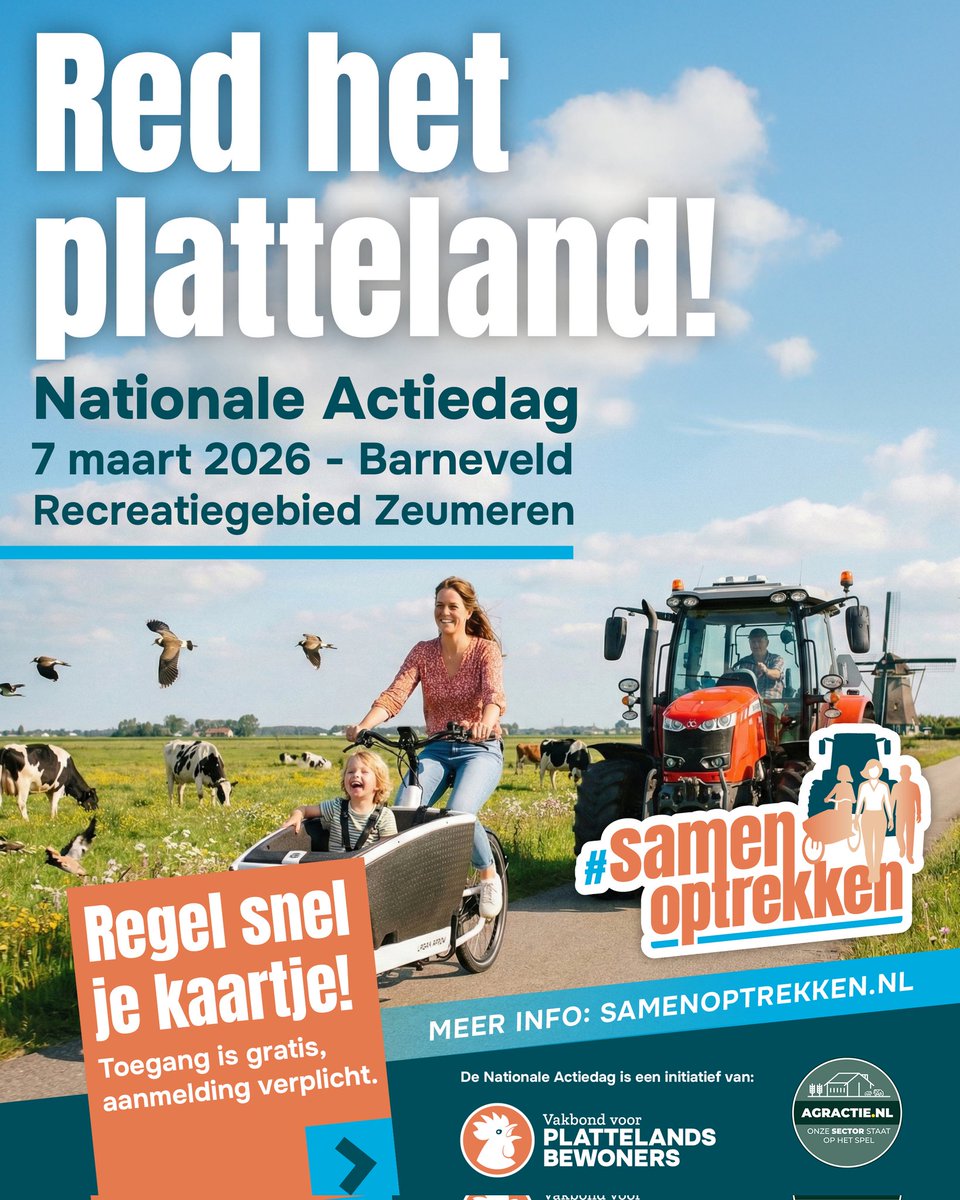 ⛔️ Stop de sloop van het platteland op 7 maart in BARNEVELD!

Met een bomvol programma en activiteiten voor jong en oud. 🐷🐮🐔🌱

De Nationale Actiedag Red het Platteland is een grote landelijke bijeenkomst waar burgers, boeren en ondernemers #samenoptrekken.