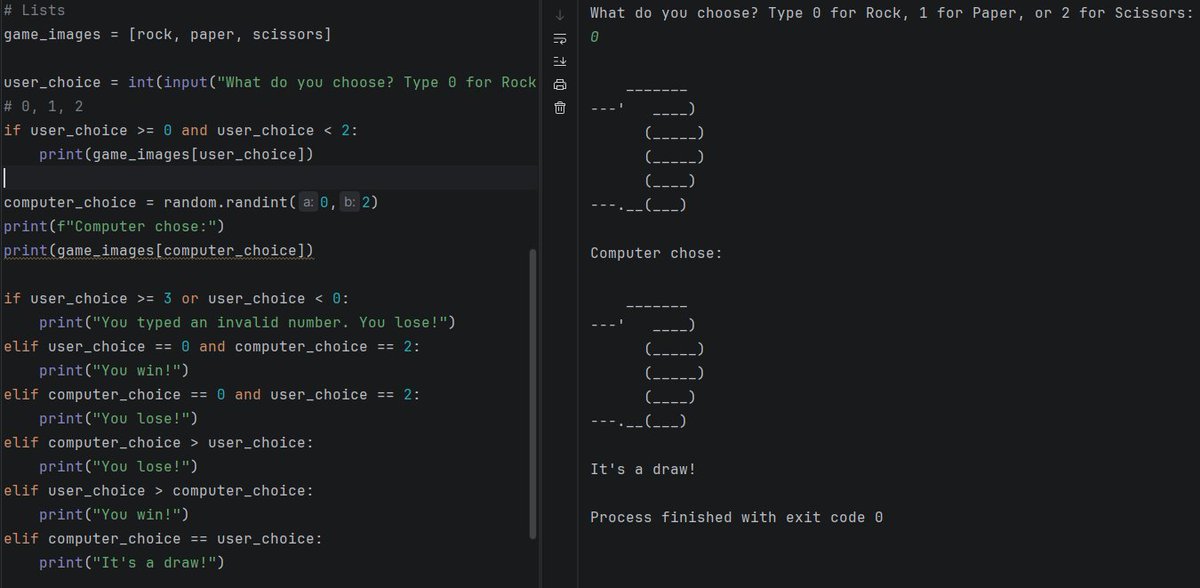 Day 4 /💯  -  #100DaysOfCode Challenge

Focused on randomization in Python, &amp; learned about Python lists a Data Structor  a way of organizing and storing data in Python, looking at using the random module in order to achieve this by building a Rock Paper Scissors game. #Python🐍
