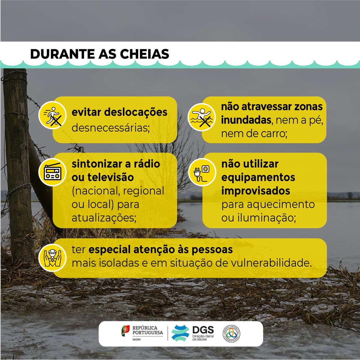 DGSaude's tweet photo. 🌧️ Perante a previsão de forte precipitação e continuação de risco de #cheias nos próximos dias, mantenha-se em segurança.

👉 Conhecer o risco de cheia na sua zona e preparar a habitação podem fazer a diferença na sua segurança e na de quem o rodeia.

#DGS #SaúdePública #Saúde https://t.co/vSPQwgQOgi