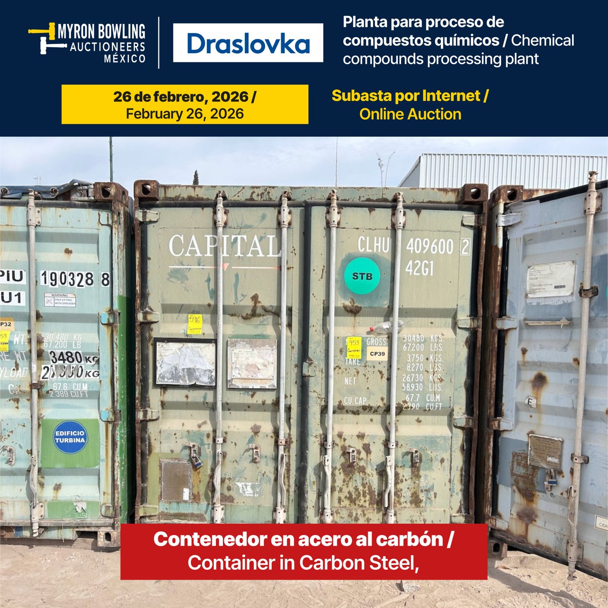 Subasta en línea el 26 de febrero con una destacada selección de contenedores industriales de acero al carbón. Oportunidad para adquirir contenedores robustos y de alta resistencia, ideales para almacenamiento, manejo y resguardo de materiales en entornos industriales, logísticos