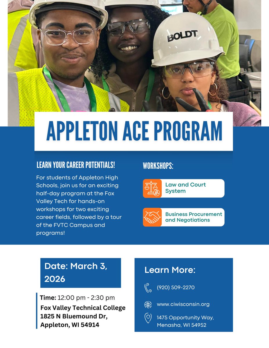 pointtersci's tweet photo. Attention @AppletonSchools students! Our upcoming ACE Program for Appleton students is fast approaching, bringing students a fun half-day program of interactive hands-on workshops plus a tour of the @FoxValleyTech campus! This is a great opportunity for students to learn about their future career paths and get a jump start on their futures right after high school!

For more information, reach out to us at info@ciwisconsin.org. Reach out to your counselor if you wish to sign up for this free program! Building our futures together!