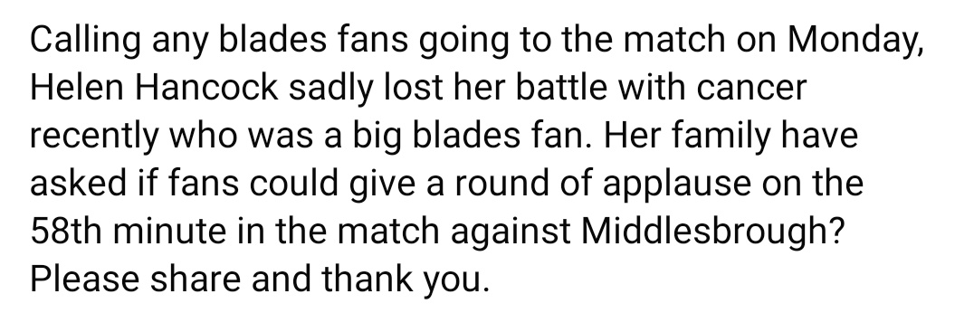 Blades fans, we did it brilliantly for Harvey on Tuesday, let's do the same for Helen on Monday.

Repost this to get it around the fanbase.

Once a blade, always a blade ⚔️⚔️

#twitterblades #sufc