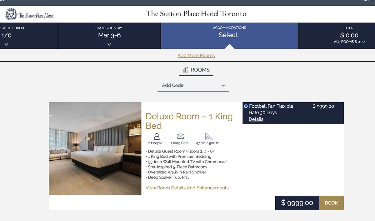 When did the <a href="/SuttonPlaceHtl/">The Sutton Place Hotels</a> in Toronto get so expensive?? $9,999 per night for a 506 sf 1 King Bed??!