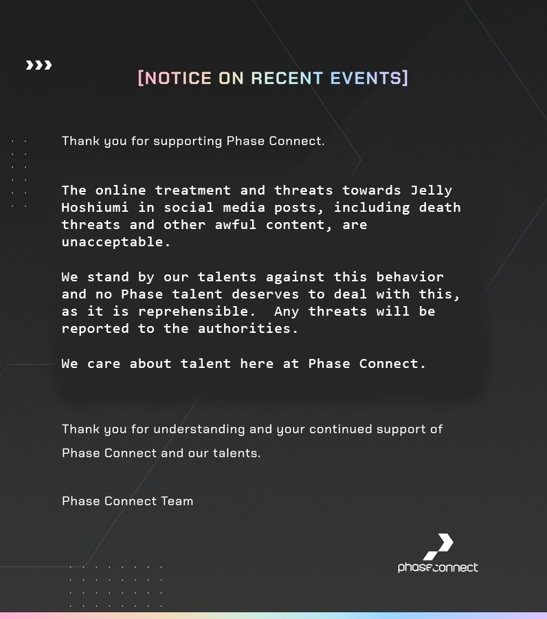 <a href="/PhaseConnect/">Phase Connect Official</a> What you should have posted, as you completely neglected the harassment Jelly faced: