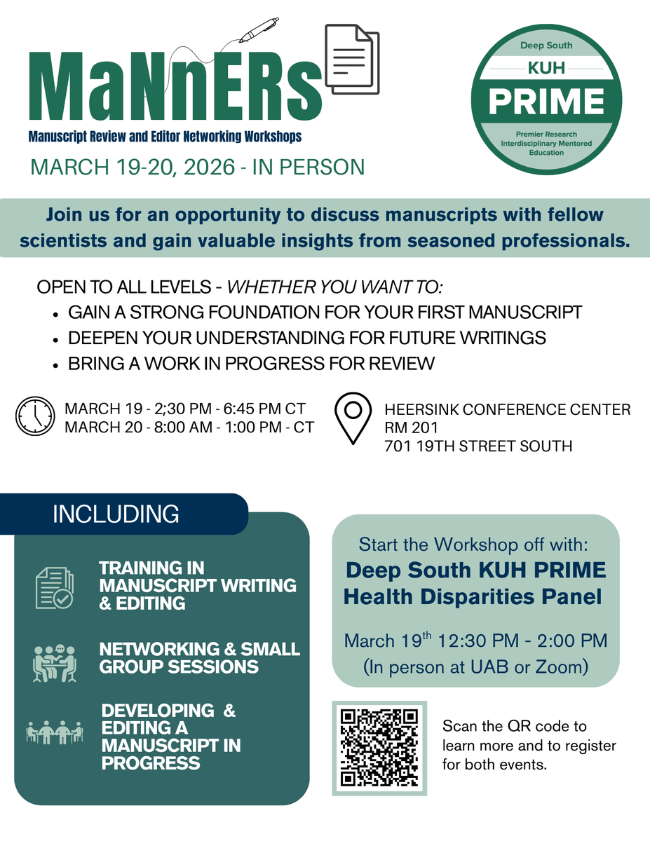 KUHPRIME's tweet photo. 📣Attention #kuhmmunity! 

Join us for MANNERS, an in-person, two-day workshop offering manuscript writing and peer review training. 
📅 March 19–20, 2026

Learn more and register: https://t.co/sGcTh0iodj https://t.co/utxVEoGwMq