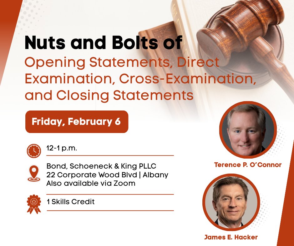 AlbanyCountyBar's tweet photo. Join us tomorrow and sharpen your trial skills! ⚖️

Join Terence P. O’Connor and James E. Hacker for a practical session on preparing opening &amp; closing statements, direct &amp; cross examinations, and witness prep.

Fri, Feb 6 | 12–1 PM ET

https://t.co/1dHq1qBmmL https://t.co/Ka2DgPXCWI